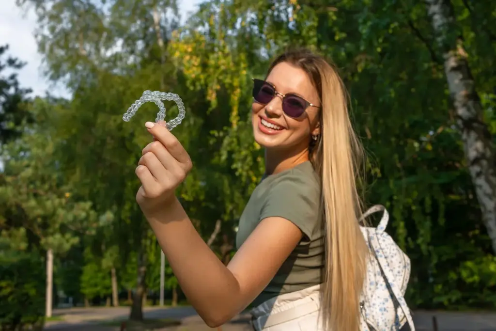 Smiling woman holding a clear aligner outdoors